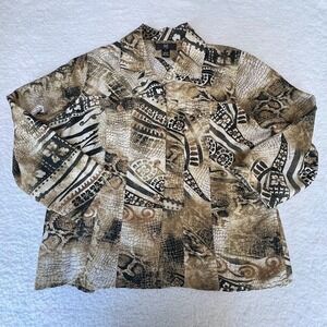 iOS Silk Linen Button Up Blouse L Animal Baroque Patchwork Print Collared Top